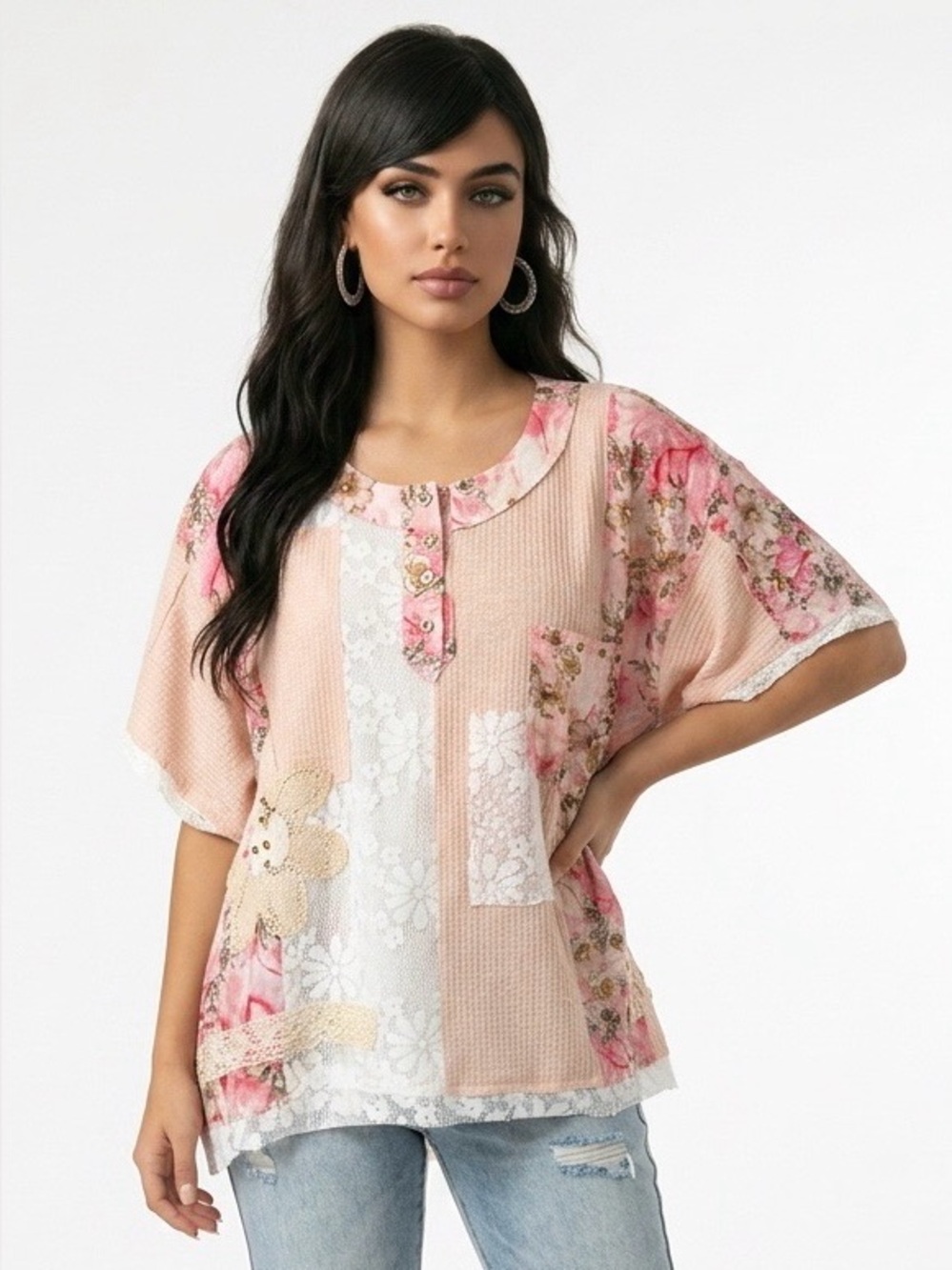 POL Pink Mixed Floral Patchwork Short Sleeve Blouse